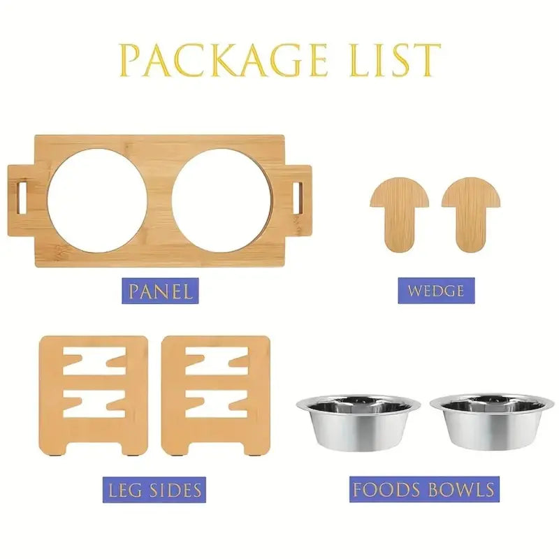 Elevated Pet Feeder Stand for Small to Medium Dogs - 6 Adjustable Heights, 15° Tilt Design to Alleviate Neck and Joint Strain, Includes 2 Easy-to-Clean 700ml Stainless Steel Bowls, Natural Bamboo Double N-Shape Base, Elevated Slow Feeder