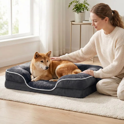Sweetcrispy Large Dog Orthopedic Memory Foam Sofa Bed with 3-Sided Bolsters, Waterproof Fleece Detachable Cover, Non-Slip Base, and Enhanced Joint Relief for Extra Neck and Head Support - 20" L x 24" W x 8" H, 24-48 Hour Recovery Time