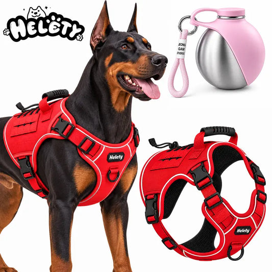HELETY Tactical Dog Harness Set with Reflective No-Pull Design, Adjustable Mesh and Polyester, Control Handle, Plush Corduroy Leash, Portable Water Bottle, and Leather Bow Tie Collars for Small to Large Dogs, Escape-Proof Cat Safety Night Breakaway