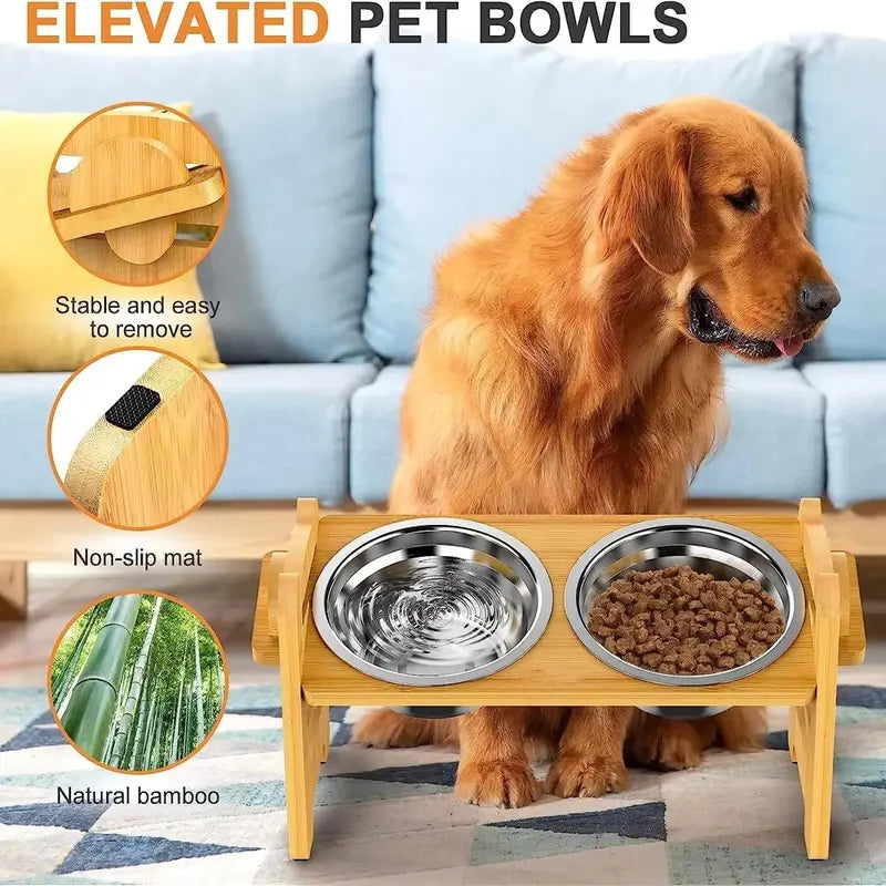 Elevated Pet Feeder Stand for Small to Medium Dogs - 6 Adjustable Heights, 15° Tilt Design to Alleviate Neck and Joint Strain, Includes 2 Easy-to-Clean 700ml Stainless Steel Bowls, Natural Bamboo Double N-Shape Base, Elevated Slow Feeder