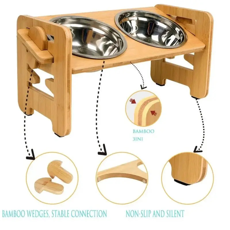 Elevated Pet Feeder Stand for Small to Medium Dogs - 6 Adjustable Heights, 15° Tilt Design to Alleviate Neck and Joint Strain, Includes 2 Easy-to-Clean 700ml Stainless Steel Bowls, Natural Bamboo Double N-Shape Base, Elevated Slow Feeder