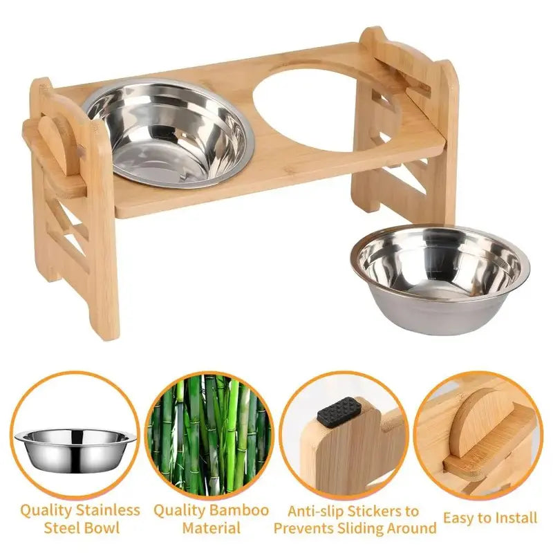 Elevated Pet Feeder Stand for Small to Medium Dogs - 6 Adjustable Heights, 15° Tilt Design to Alleviate Neck and Joint Strain, Includes 2 Easy-to-Clean 700ml Stainless Steel Bowls, Natural Bamboo Double N-Shape Base, Elevated Slow Feeder