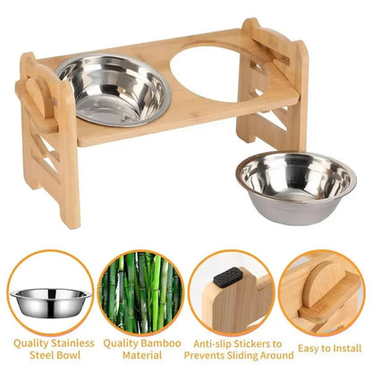 Elevated Pet Feeder Stand for Small to Medium Dogs - 6 Adjustable Heights, 15° Tilt Design to Alleviate Neck and Joint Strain, Includes 2 Easy-to-Clean 700ml Stainless Steel Bowls, Natural Bamboo Double N-Shape Base, Elevated Slow Feeder