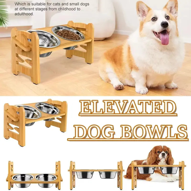 Elevated Pet Feeder Stand for Small to Medium Dogs - 6 Adjustable Heights, 15° Tilt Design to Alleviate Neck and Joint Strain, Includes 2 Easy-to-Clean 700ml Stainless Steel Bowls, Natural Bamboo Double N-Shape Base, Elevated Slow Feeder