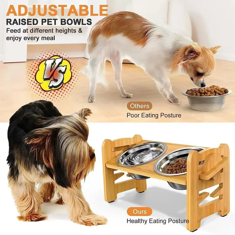 Elevated Pet Feeder Stand for Small to Medium Dogs - 6 Adjustable Heights, 15° Tilt Design to Alleviate Neck and Joint Strain, Includes 2 Easy-to-Clean 700ml Stainless Steel Bowls, Natural Bamboo Double N-Shape Base, Elevated Slow Feeder