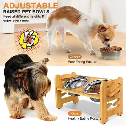 Elevated Pet Feeder Stand for Small to Medium Dogs - 6 Adjustable Heights, 15° Tilt Design to Alleviate Neck and Joint Strain, Includes 2 Easy-to-Clean 700ml Stainless Steel Bowls, Natural Bamboo Double N-Shape Base, Elevated Slow Feeder