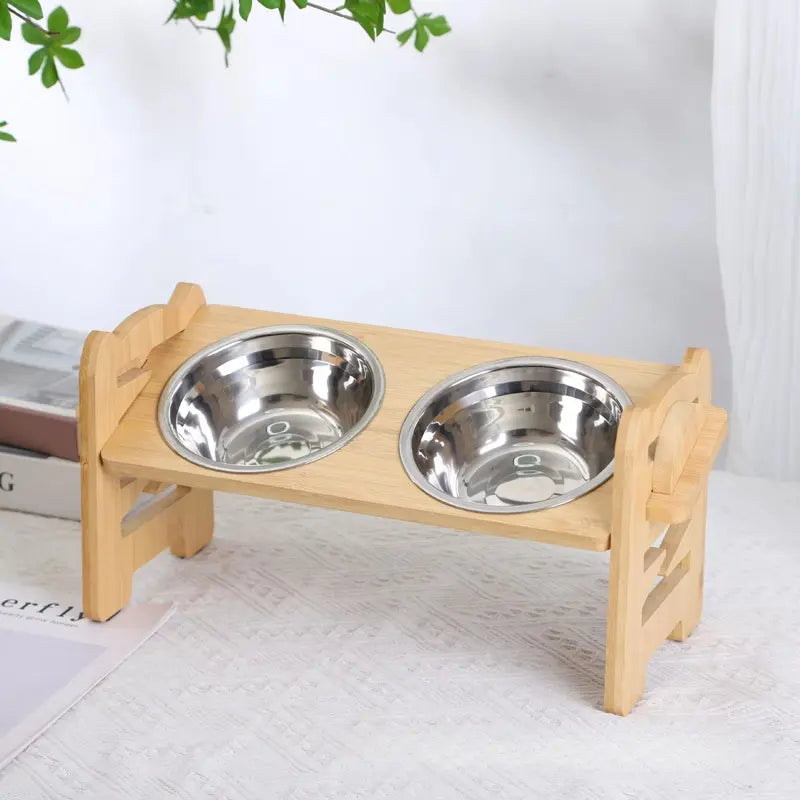 Elevated Pet Feeder Stand for Small to Medium Dogs - 6 Adjustable Heights, 15° Tilt Design to Alleviate Neck and Joint Strain, Includes 2 Easy-to-Clean 700ml Stainless Steel Bowls, Natural Bamboo Double N-Shape Base, Elevated Slow Feeder