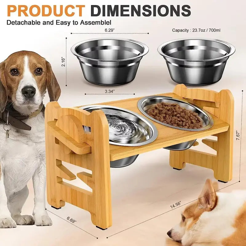 Elevated Pet Feeder Stand for Small to Medium Dogs - 6 Adjustable Heights, 15° Tilt Design to Alleviate Neck and Joint Strain, Includes 2 Easy-to-Clean 700ml Stainless Steel Bowls, Natural Bamboo Double N-Shape Base, Elevated Slow Feeder