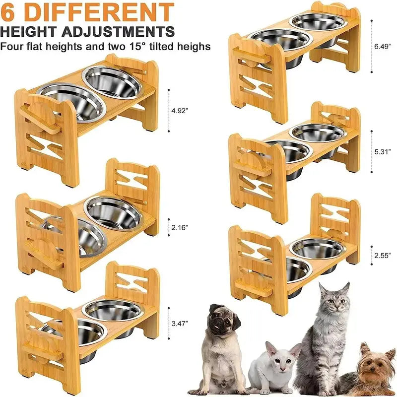 Elevated Pet Feeder Stand for Small to Medium Dogs - 6 Adjustable Heights, 15° Tilt Design to Alleviate Neck and Joint Strain, Includes 2 Easy-to-Clean 700ml Stainless Steel Bowls, Natural Bamboo Double N-Shape Base, Elevated Slow Feeder