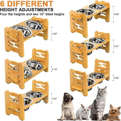 Elevated Pet Feeder Stand for Small to Medium Dogs - 6 Adjustable Heights, 15° Tilt Design to Alleviate Neck and Joint Strain, Includes 2 Easy-to-Clean 700ml Stainless Steel Bowls, Natural Bamboo Double N-Shape Base, Elevated Slow Feeder